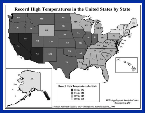 Map of record high temeratures in the united states by state