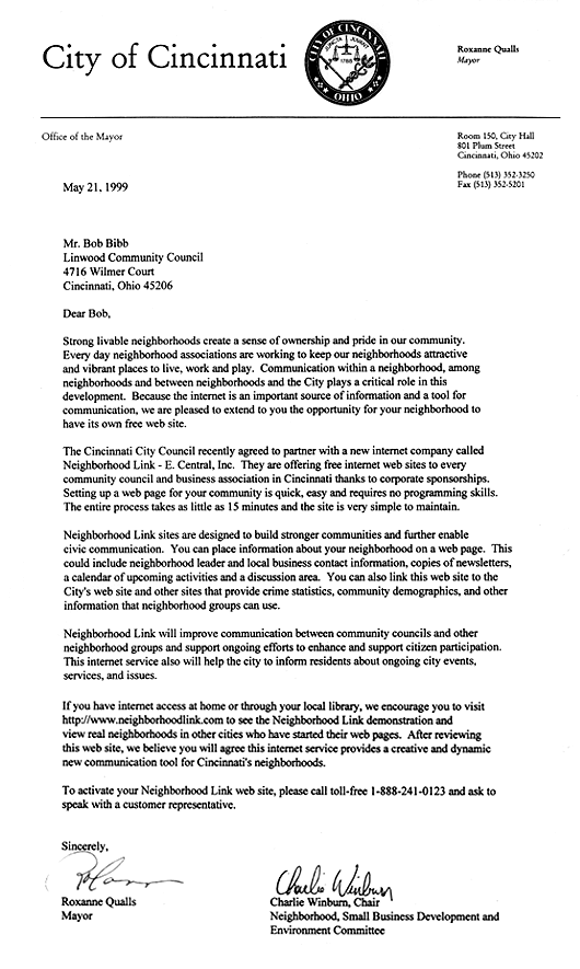 Letter From 	
Cincinnati  Mayor