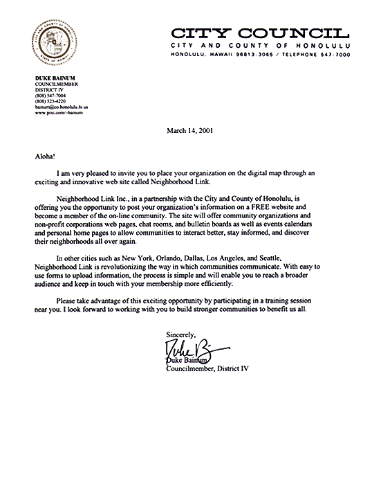 Letter From Honolulu Councilmember Duke Bainum
