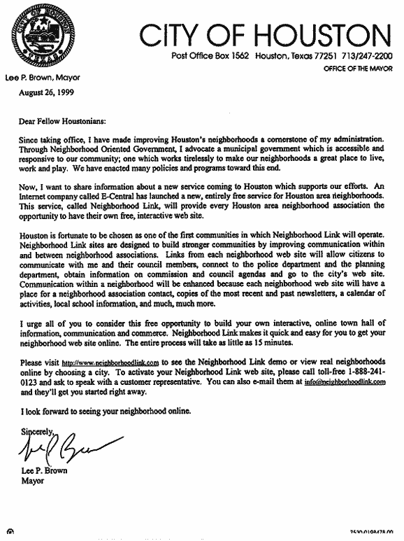 Letter From Houston Mayor Lee P. Brown