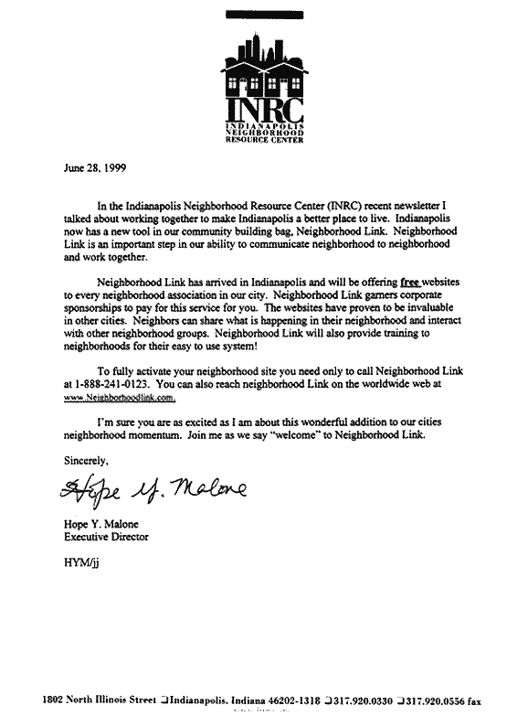 Letter From Indianapolis Neighborhood Resource Center