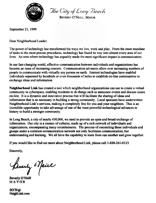 Letter From Long Beach Mayor Beverly O'Neill 
