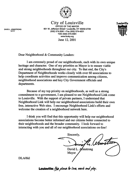 Letter From Louisville Mayor David L. Armstrong