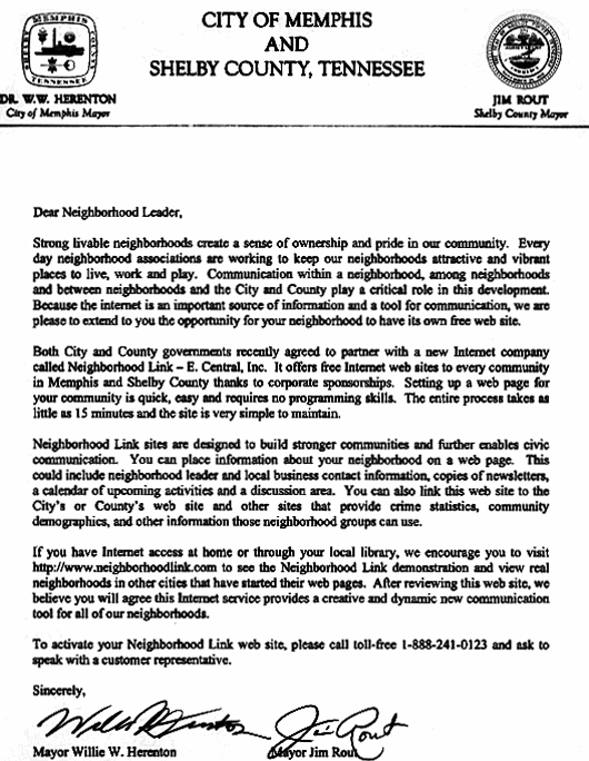 Letter From Memphis Mayor David L. Armstrong