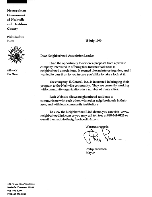 Letter From Nashville Mayor Philip Bredesen
