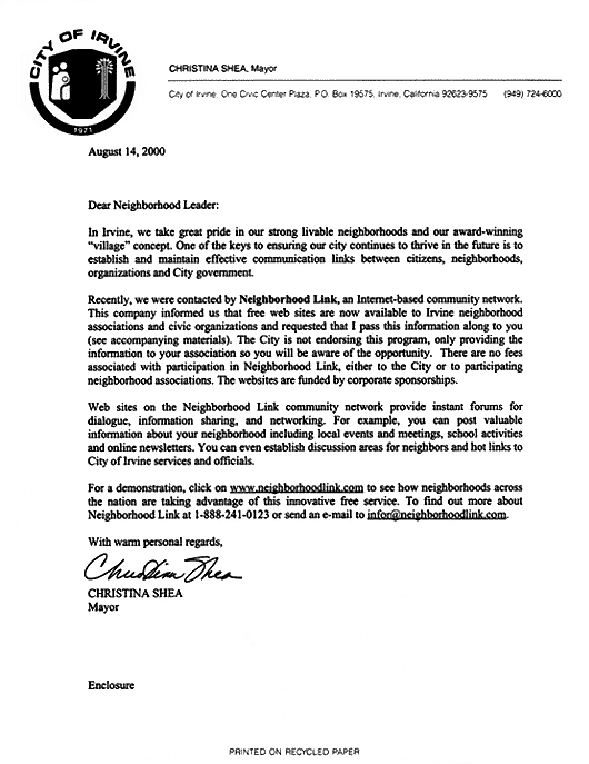 Letter From Irvine Mayor Christina Shea