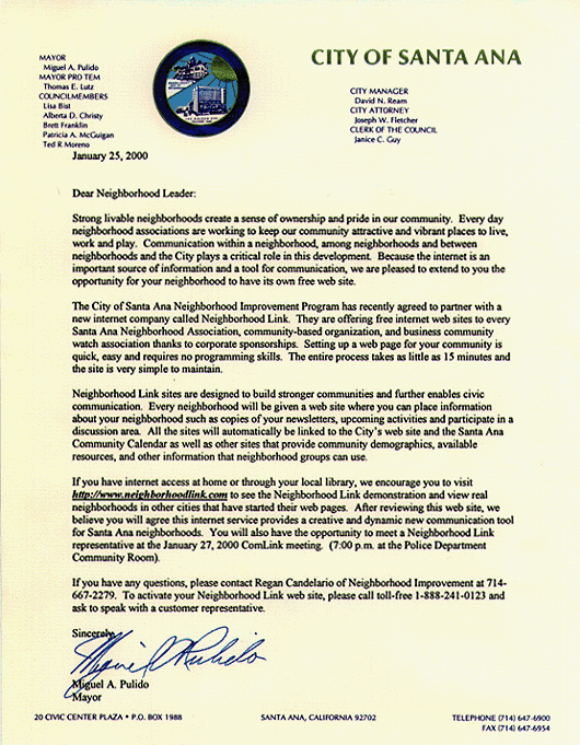 Letter From Santa Ana Mayor Miguel A. Pulido