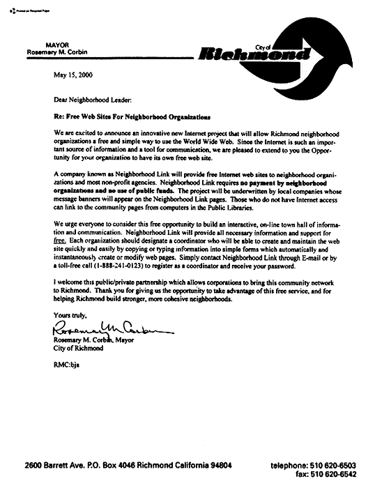 Letter From Richmond Mayor Rosemary M. Corbin