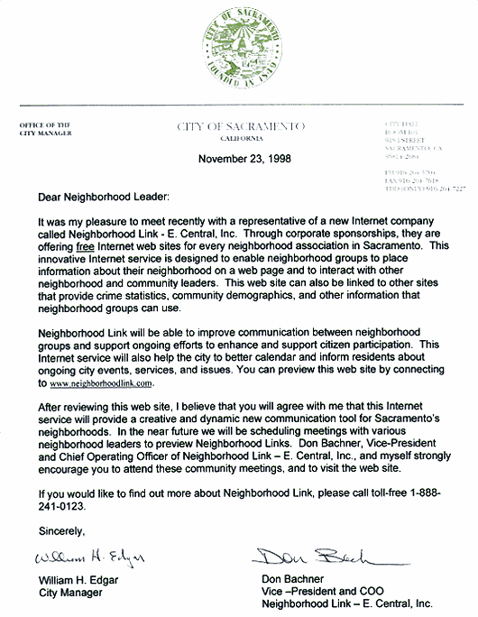 Letter From Sacramento City Manager William H. Edgar
