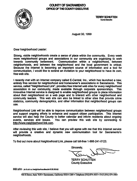 Letter From Sacramento County Executive Terry Schutten